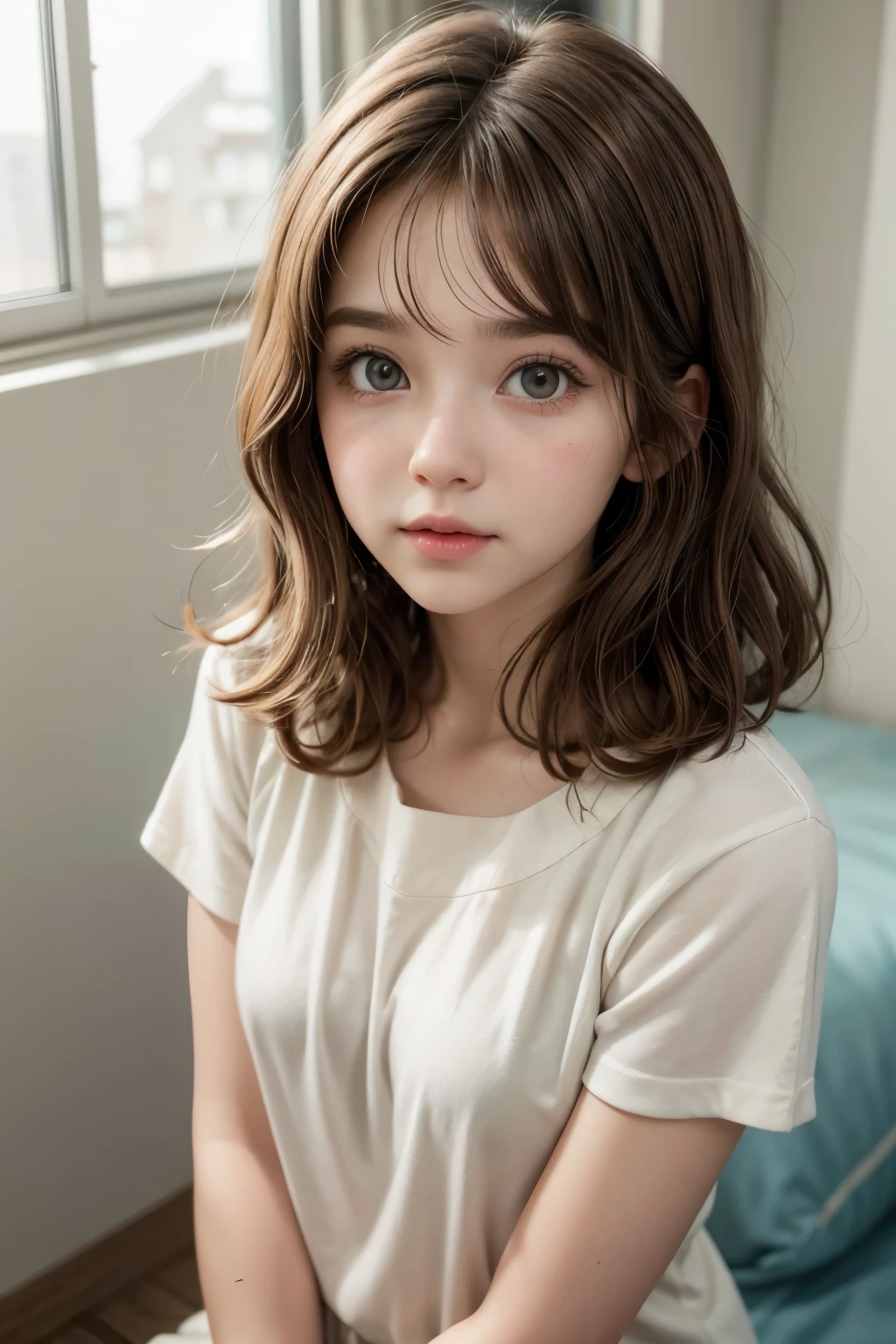 Create a cute girl with 13 short brown wavy hair light eyes in pixar cartoon theme