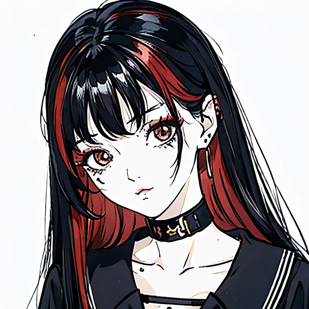 make a girl cartoon character that has a hair with red highlights in a black hair and a bangs, with a side labret piercing. from head to shoulder only, please include the side labret piercing