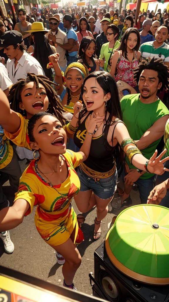 Crowd of black and mixed race people, dancing reggae, Jamaican Sound System culture style party. all happy, reggae band