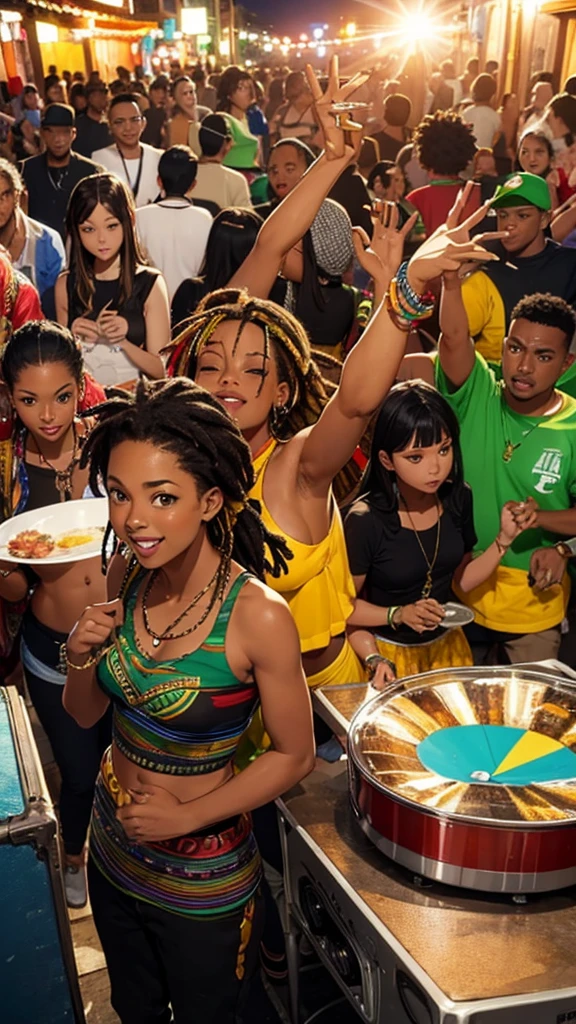 Crowd of black and mixed race people, dancing reggae, Jamaican Sound System culture style party. all happy, reggae band