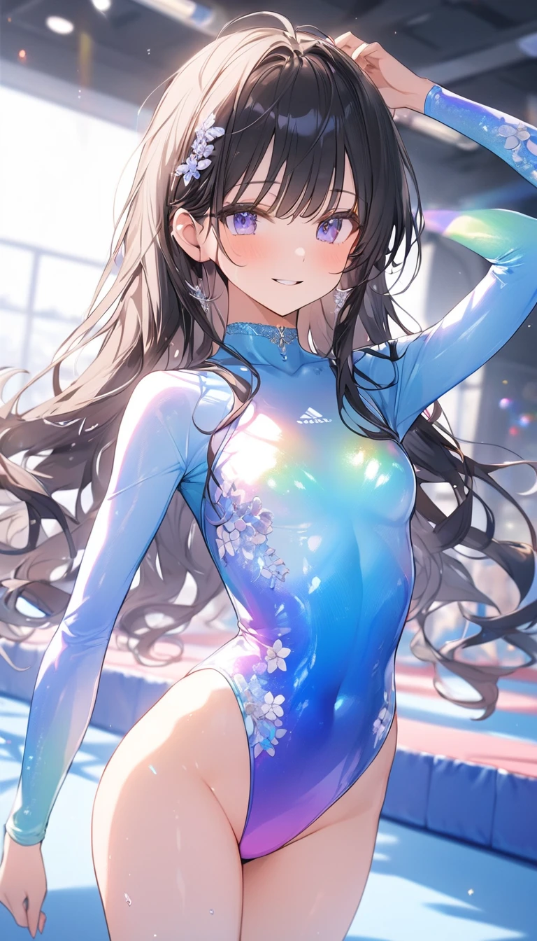 highquality illustration, masterpiece, very delicate and beautiful, attractive girl,(gymnastics leotard, Floral patterns leotard,long sleeve leotard with glittery decoration,high_leg leotard,athletic leotard,tight-fit leotard,iridescent gradient leotard,long-sleeve leotard),thin,slender body,slim,high school,gymnasium background,gymnastics club,gymnastics athlete,princess, beautiful eyes,light smile,(masterpiece, best quality:1.2), highres, extremely detailed CG unity 8k wallpaper, perfect lighting, Colourful, ultra-high res,4K,ultra-detailed, photography, 8K, HDR, 17 ages, 