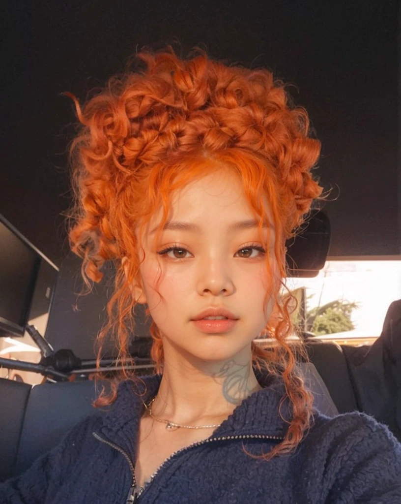 Jennie Kim - curly and orange hair, sem tatuageme piercing