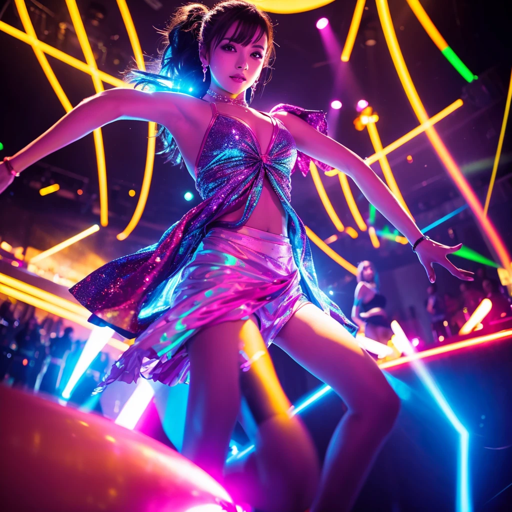 Club setting with vibrant lights
Women in dance poses
Flashing lights and dynamic colors