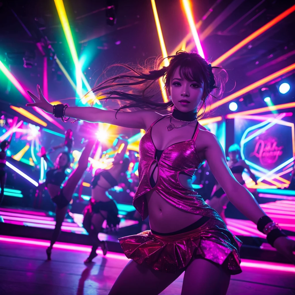 Club setting with vibrant lights
Women in dance poses
Flashing lights and dynamic colors