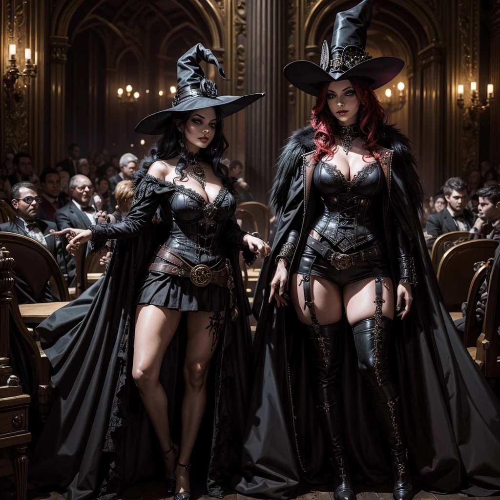 A dark sexy witch and a demon both dressed in steampunk, in the background a gothic circus with an audience of devils