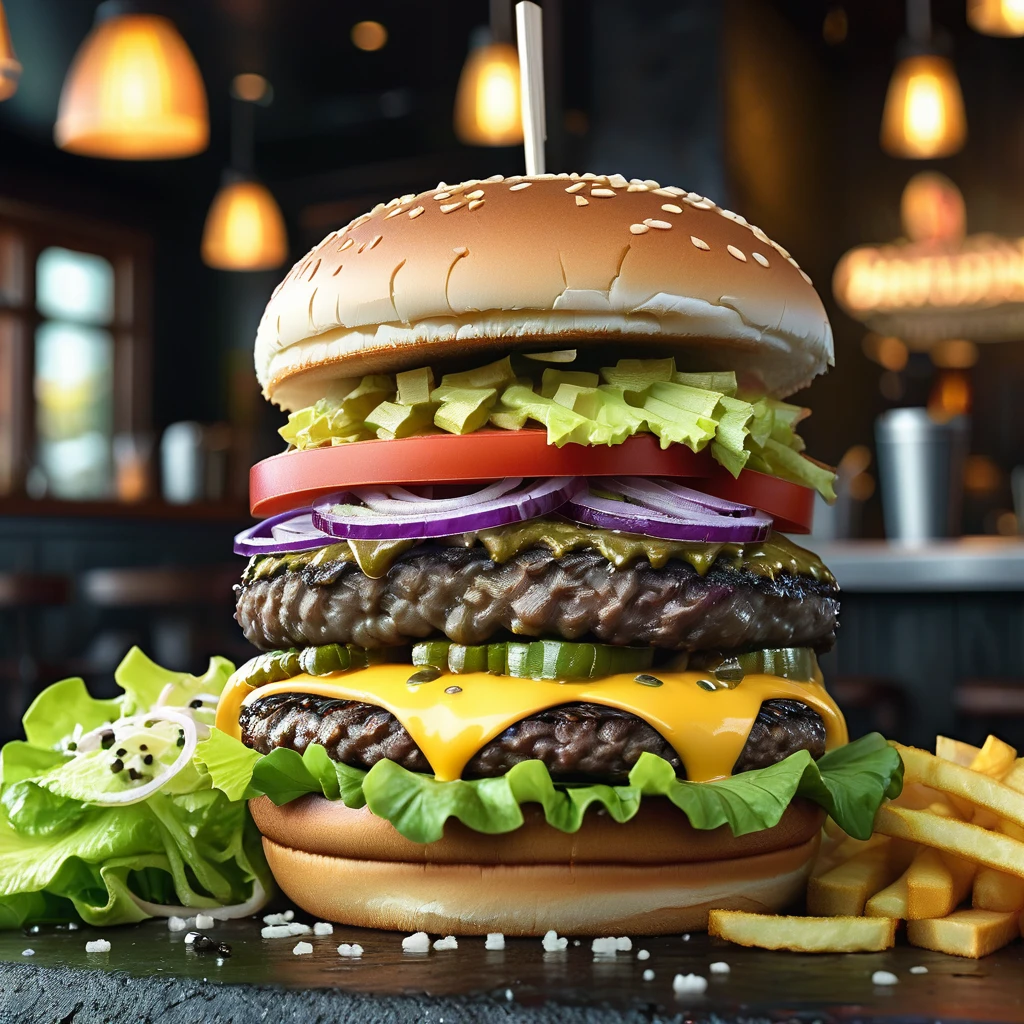 (masterpiece), best quality, an amazing light and brite photo of gorgeous delicious { doubleburger, Lettuce, lots of melted cheese, chopped onion, pickle slices, and sesame seed bun.}, and a glass of cold soda {stick} (front, view), hyperrealistic, food photography, mc burger ads style, gourmet, award winning photography, f2.8 55mm lens, vignette, day light, black wall, rustic restaurant and soft lighting background, sharp focus, vibrant colors, HDR, nordic style,8k