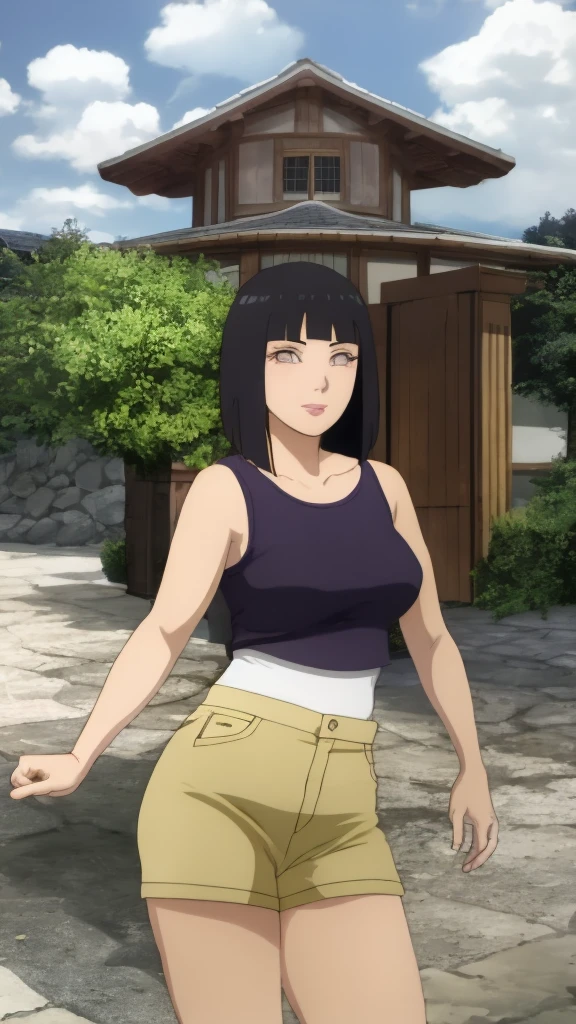 Masterpiece, Hinata\(Boruto\), 1 girl, alone,mature woman, (wearing mini camisole & hotpants:1.25),  outdoor, look at viewer, (petals falling), The sky is cloudy, laundry-ing, perfect composition, details lips, big breast, Beautiful face, body proportions, Blush, (pink lips), long hair,  purple eyes,  soft stare, sad smile,  Very realistic, details, photography, accurate faces and bodies, stay-at-home wife, lonely wife x burly black granpa, 