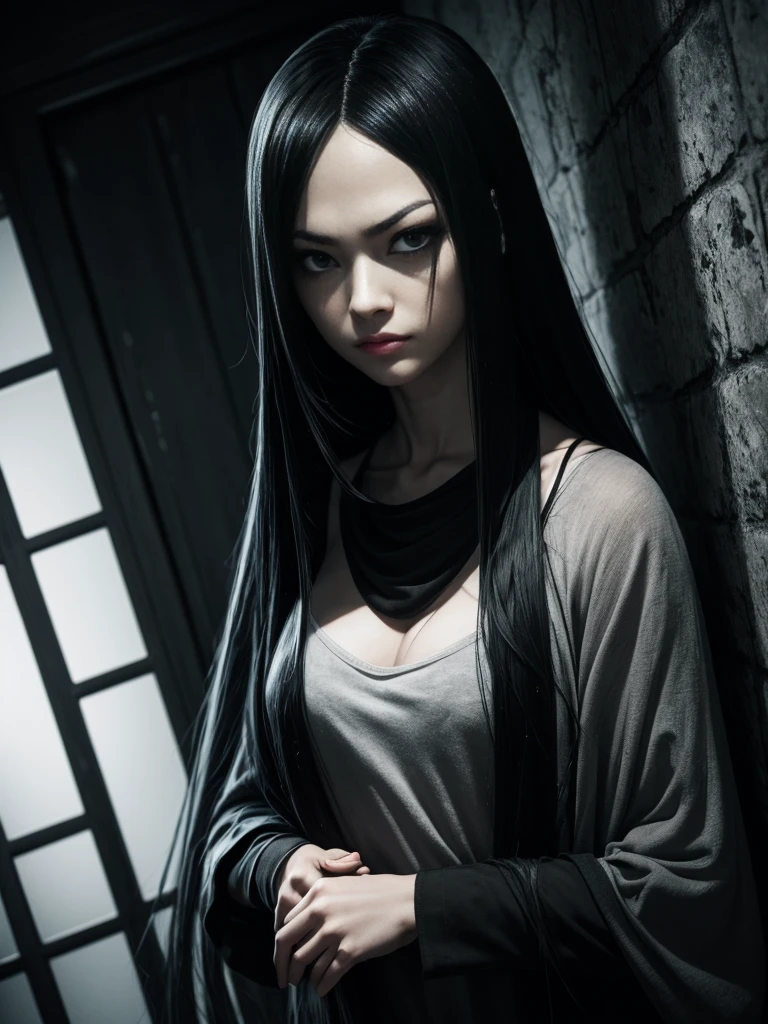 high angle american shoot, ultra-realistic textures, anime style, a sinister but attractive humanoid puppet, Slim and creepy Sadako Yamamura style from The ring, scary pale grayish face, very long and straight black hair, wearing a shabby outfit with a black miniskirt, black leggings and a thin black sweater very tight ghostly appearance, skin of the face with cracks, in a dark house in the dark foggy night