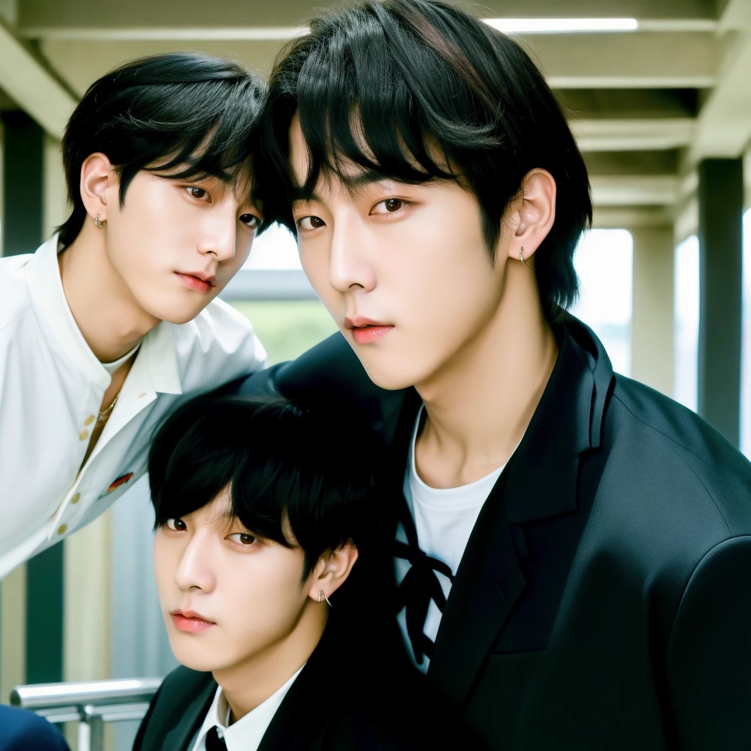 jungkook, Cai Xukun, Hyung Tae, Taejune Kim, Kim Doyoung, Wan adorable cara coreana, 17 years - of thin face age, con el mismo peinado, con el pelo corto, boy has black hair, Jimin|swollen right eyelid, Yanjun Chengt