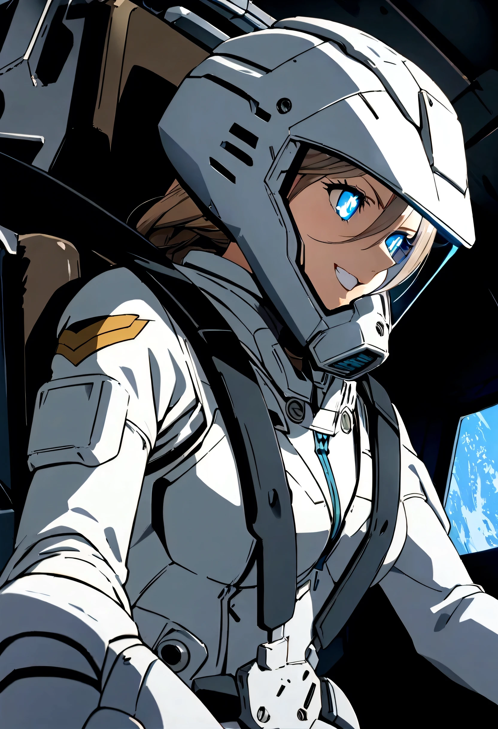 gundamwingcockpit, Woman piloting in cockpit, intricate detail, Highly Detailed beautiful and aesthetic, amazing quality, (masterpiece), (high quality), wallpaper 8K CG, high resolution, extremely detailed, photorealistic, 1 girl, extremely beautiful detailed face and eyes, grin, Beautiful detailed gemological eyes, White full-face helmet with transparent face guard, beautiful detailed face in helmet, white space suit, A magnificent universe of twinkling stars,