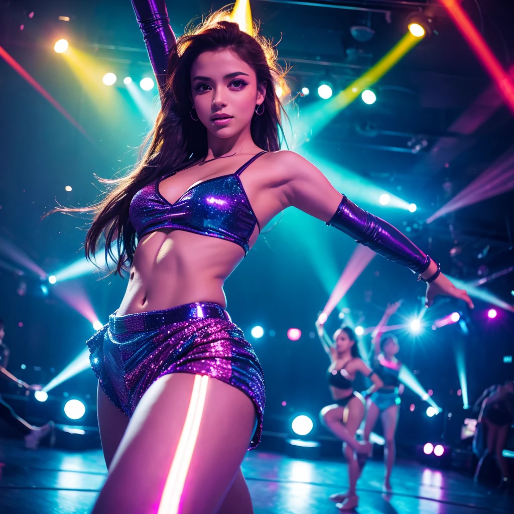 Club setting with vibrant lights
Women in dance poses
Flashing lights and dynamic colors