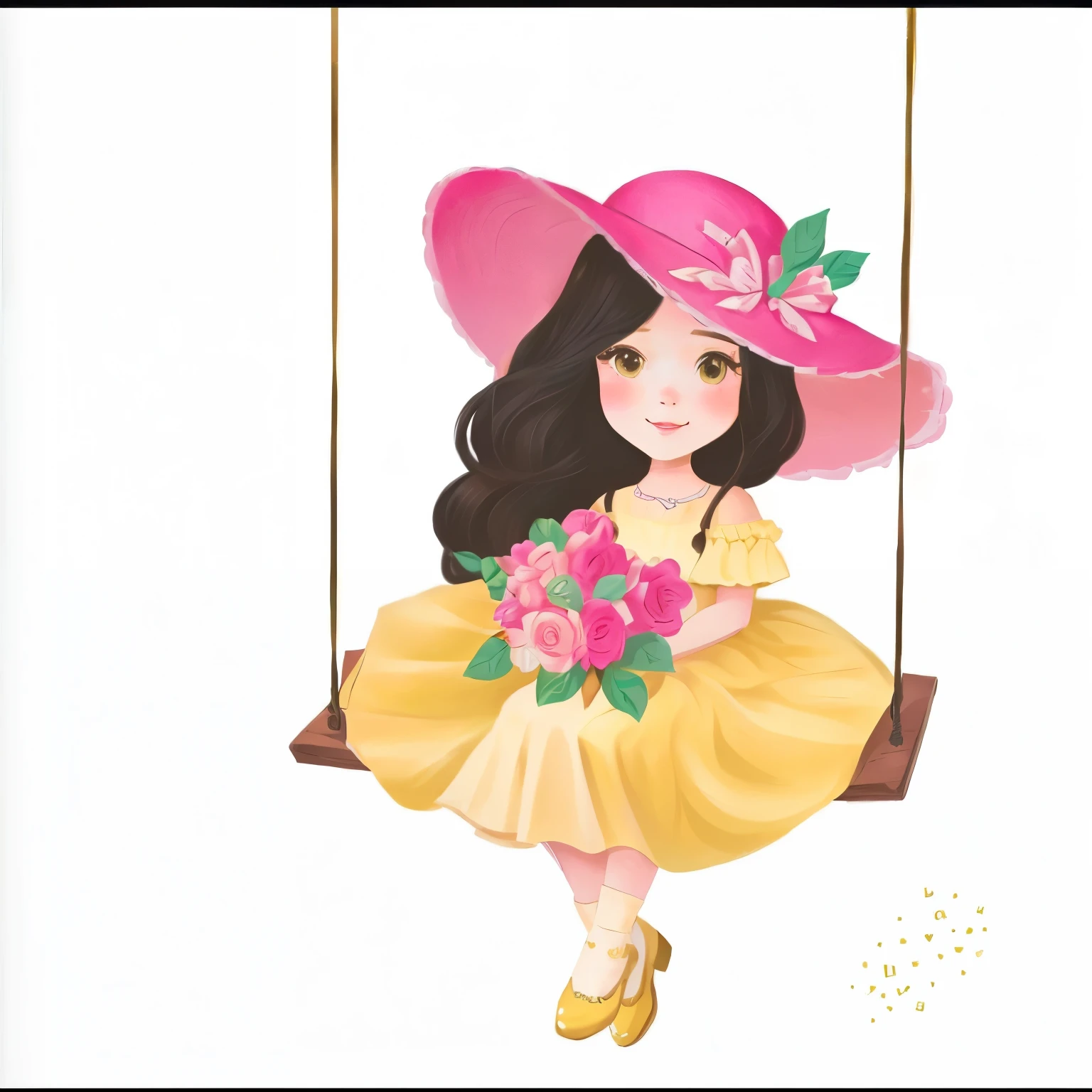 there is a girl in a yellow dress and a pink hat on a swing, illustrated in whimsical style, fluffy woman, Beautiful girl, cute digital art, art admirer, cute illustration de livro de histórias, cute art style, official art admirer, cute illustration, cartoon style illustration, by Maria Anjo, made with illustrator, elegant girl, book illustration , cute art, added detail