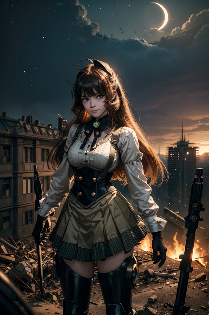cowboy shot, (dynamic pose), smile,  underbust, Penny Polendina, long hair, neck ribbon, suspender skirt, corset, black bow, white blouse, mechanical legs, neon trim, standing with crowd, (crowd in army uniforms, searching with rifles),  ((in city ruins on hill, overlooking valley)), BREAK night, stars, moon, snow, BREAK mountains in background, waterfall, vehicle wreck, bonfires, post-apocalypse, dystopian future, (volumetric lighting), intricate details, tonemapping, sharp focus, hyper detailed

