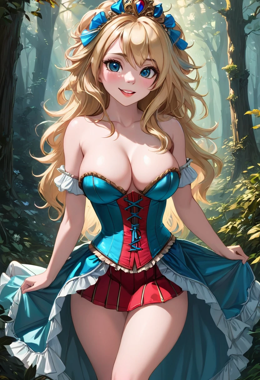 the overall theme and style should feel like. a hybrid of fairytale and Science Fiction. extremely beautiful model, female, long blonde hair, perky breasts, cleavage,, oppulentform fitting hooped skirt, red corset, large exagerated extravagant tiara. Wide Smile, Eyes Detailed & Wide, sexy Pose. Ultra HD, Rococo-Inspired Fantasy Art With Intricate Details. Cute, Charming Expression, Alluring-Gaze, looking at viewer Beautiful Eyes, An-Ideal-Figure. Large Youthful Well-Shaped-Breasts, Attractive ass showcased. Massive-Round-Bosom, Décolletage. slim waist, fit body, full lipsWarm lights , woman in a dreamy forest at night, with fluffy hair, delicate face, realistic, real, slim, large aperture, sexy shots, attractive poses,Stunnin gly beautiful merge of , Sydney Sweeney Scarlett Johanson, . symmetrical face, photorealistic, photography, path tracing, specular lighting, volumetric face light, path traced hairmaximum quality{(masutepiece) (8K High Resolution) (top-quality)