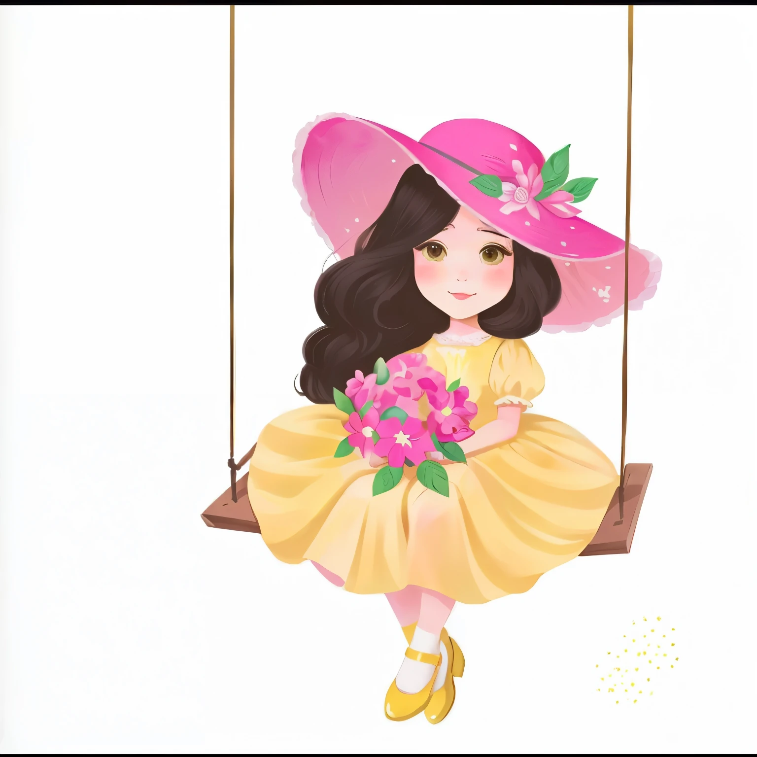 there is a girl in a yellow dress and a pink hat on a swing, illustrated in whimsical style, fluffy woman, Beautiful girl, cute digital art, art admirer, cute illustration de livro de histórias, cute art style, official art admirer, cute illustration, cartoon style illustration, by Maria Anjo, made with illustrator, elegant girl, book illustration , cute art, added detail