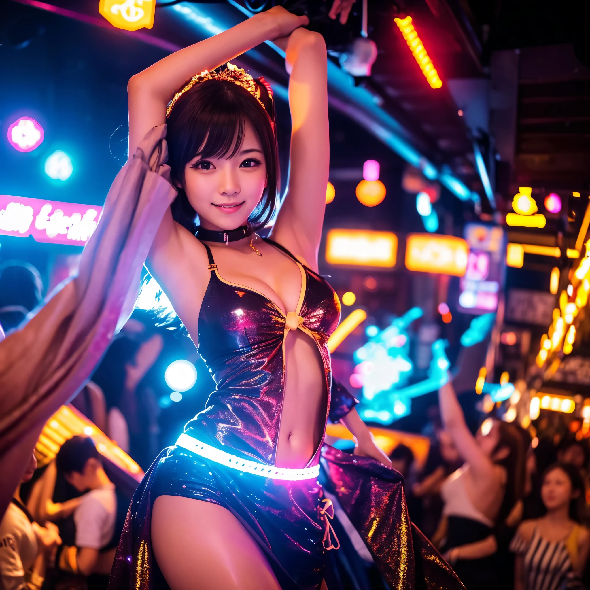 Cute Japan、A beautiful girl、Brightly lit club atmosphere. Women dancing. Flashing lights and dynamic colors.