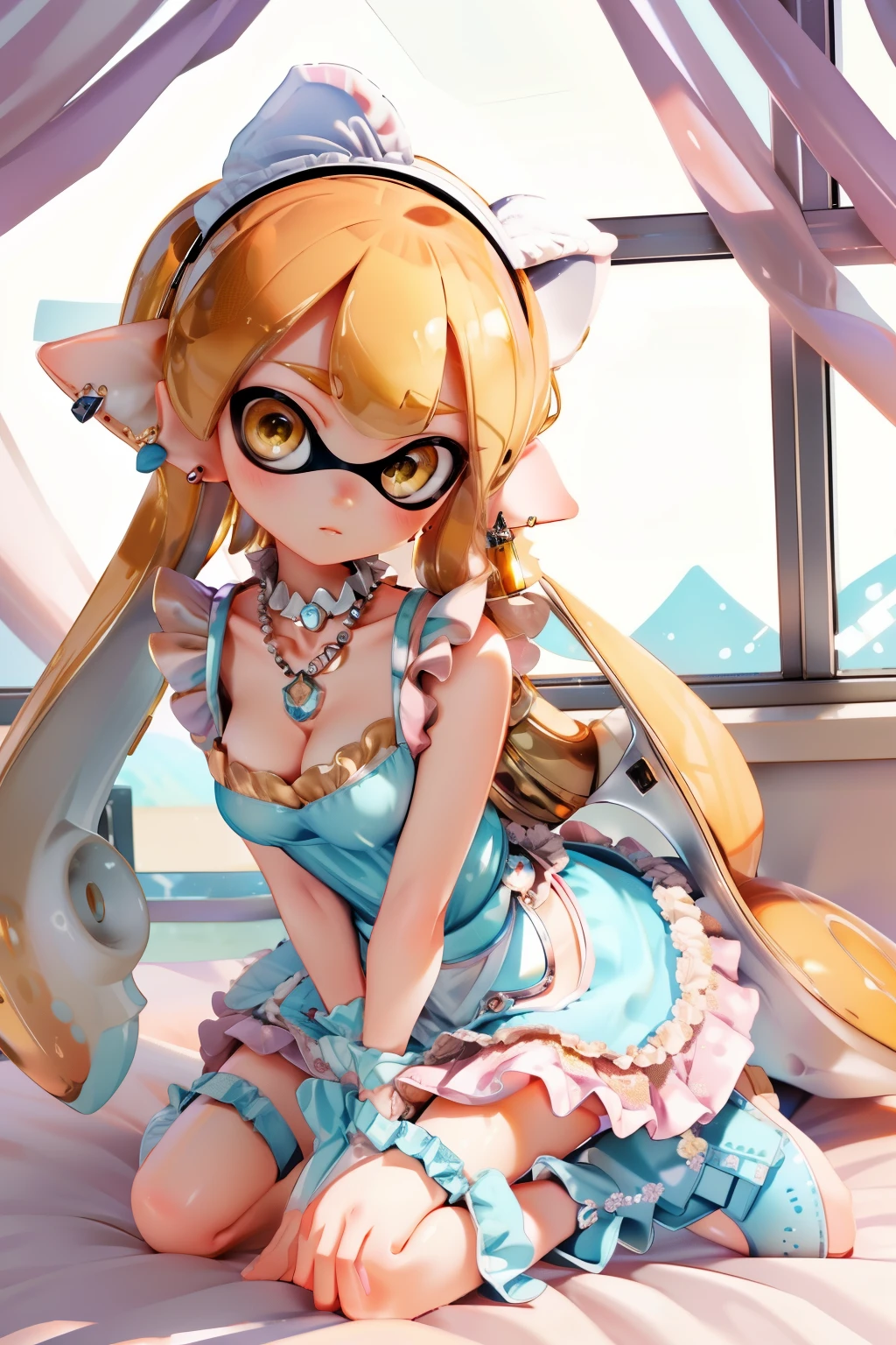 masterpiece,Highest quality,(Detailed face, Perfect Face, Perfect golden eyes, Beautiful Eyes, Perfect Fingers),(Clear Face),Splatoon Girl、Fantasy Girl,Long tentacle hair,gigantic breast、Cleavage、jewelry,Earrings,View your viewers,Complex,High detail,Sharp focus,dramatic,beautiful girl,necklace,Bedroom,Raise your knees,Kneel, Bed Dress,Animal ears,Knee socks,Twin tails,apron,Cosplay,Frilled Chalk, Real Anime、3d