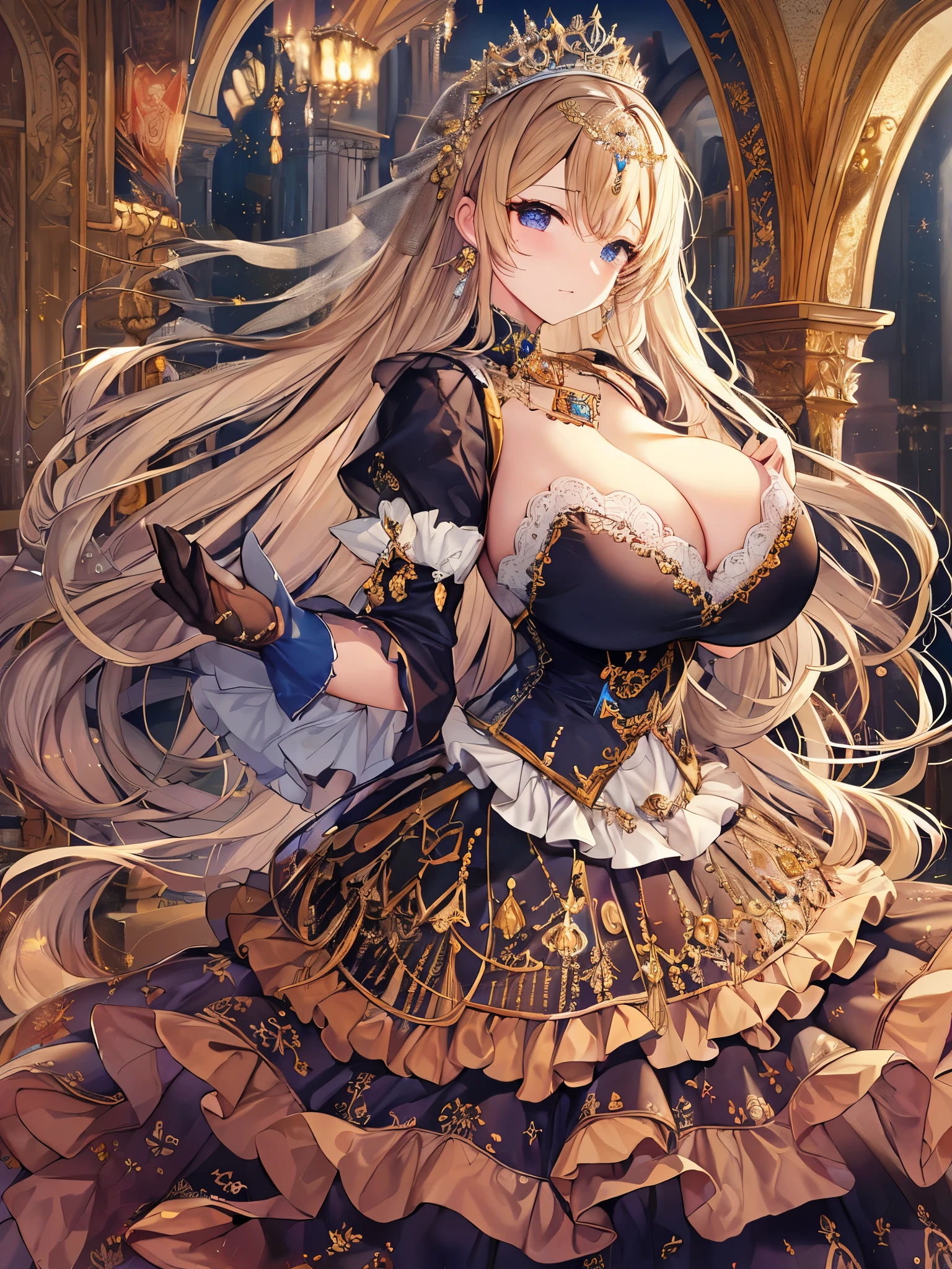 ((moe anime artstyle)),((Masterpiece)),(Best Quality),((Super Detail)),((Very Delicate and Beautiful)),((Solo)),full body,((full body portrait)),(((1 bling-bling Queen in beautiful embroidery and jeweled gorgeous rococo ballgown with voluminous full length crinoline hoop skirt))),(((((absurdly gigantic tits))))),(deep cleavage),Skindentation,(detailed face and eyes),jewel-like eyes,((crinoline,long train,beautiful embroidery and lace)),super detailed voluminous gorgeous rococo ballgown with voluminous full length crinoline hoop skirt,((bling-bling voluminous gorgeous rococo princess ballgown with beautiful embroidery and jeweled)),((Very Long Straight Hair,large amount of straight hair, absurdly long Straight hair)),extremely gorgeousfull hair ornament,((extremely gorgeous big tiara)),luxurious jewelry,((beautiful embroidery and jeweled gorgeous rococo ballgown with voluminous full length crinoline hoop skirt)),(((absurdly gigantic tits))),full body,(fantasy castle)