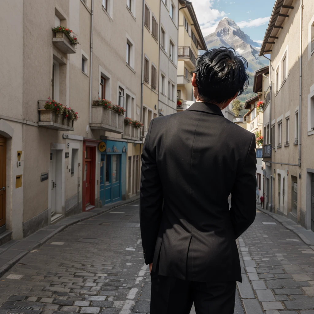 a boy with messy black hair facing his back wearing a black suit on the zermatt Switzerland streets overlooking mountain at morning