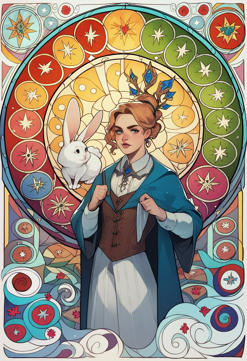 Masterpiece, medieval times, mystical, Alice in Wonderland, 1girl, Rabbit in a suit, Sil Off from Isometric Anime, stained glass, On White Background, Geometric composition,