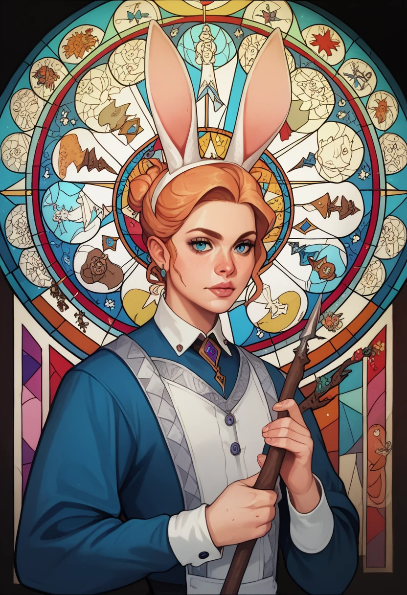 Masterpiece, medieval times, mystical, Alice in Wonderland, 1girl, Rabbit in a suit, Sil Off from Isometric Anime, stained glass, On White Background, Geometric composition,