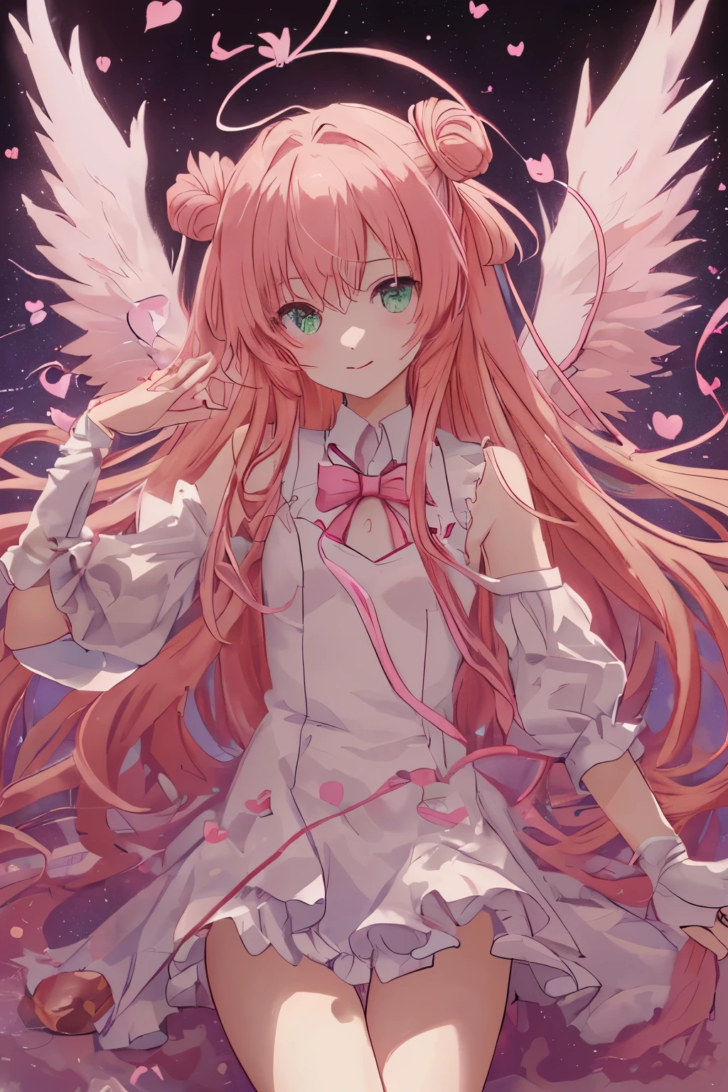 1_girl, (anime, kawai:2), (masterpeice, best_quality, simple, cute, dreamy, vibrant, clean:1.5), (cute, cute_smile, young:1.8), (delicate, beautiful, thin:1.5), (girlfriend, angel:1.6), (green_eyes, simple_eyes:1.5) (long_hair, blond_hair, wearing_pink_dress, pink_angel_wings, sexy_gloves:1.8), extremely_delicate, (love_magic:1.5), (age_size_fits_body), (small_thighs:1.3), (breasts), (eye_level:1.3), (heart_magic, love:1.5), 