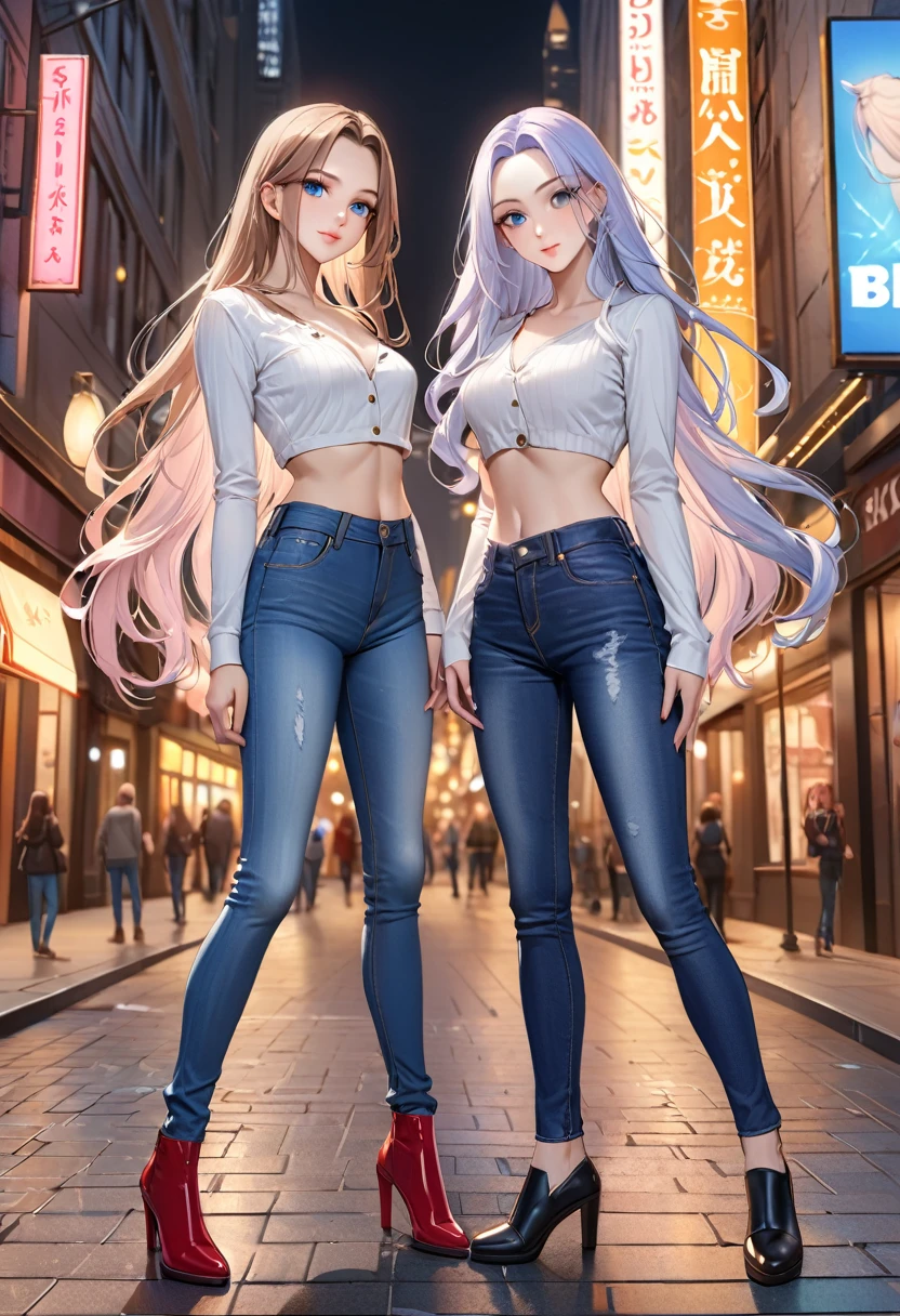 ((best quality, masterpiece:1.3, 8K)), (detailed), highly detailed face and skin texture, detailed eyes, downtown, full body, seductive pose, slender body, 2girls, 25 years old, white skin, bright lips, seductive smile, long hair, (forehead:1.0), jeans pants, flares jeans, blue jeans, 