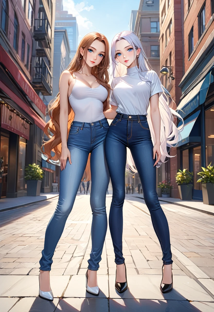 ((best quality, masterpiece:1.3, 8K)), (detailed), highly detailed face and skin texture, detailed eyes, downtown, full body, seductive pose, slender body, 2girls, 25 years old, white skin, bright lips, seductive smile, long hair, (forehead:1.0), jeans pants, flares jeans, blue jeans,