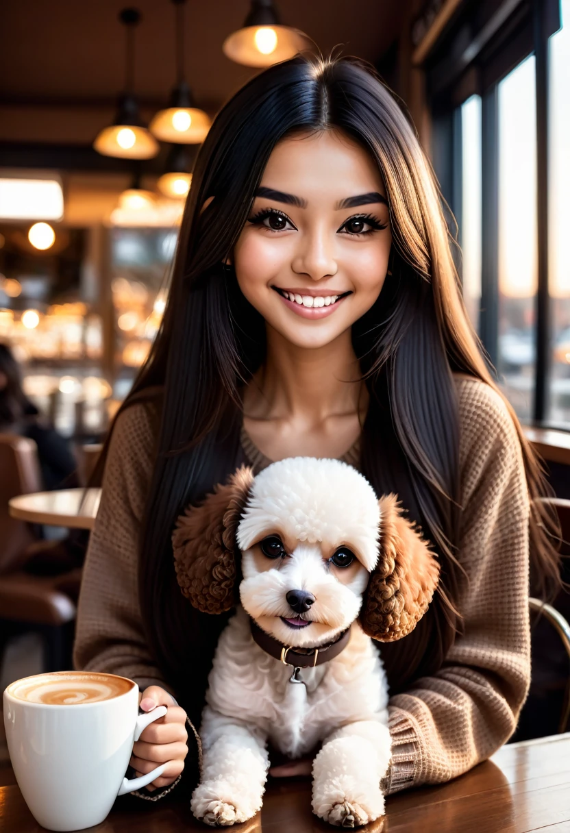 Cute black long straight hair brown eyes round face girl wearing brown sweater sitting in café drinking coffee, sunset, toothy smile without bangs, holding a poodle puppy in her arms