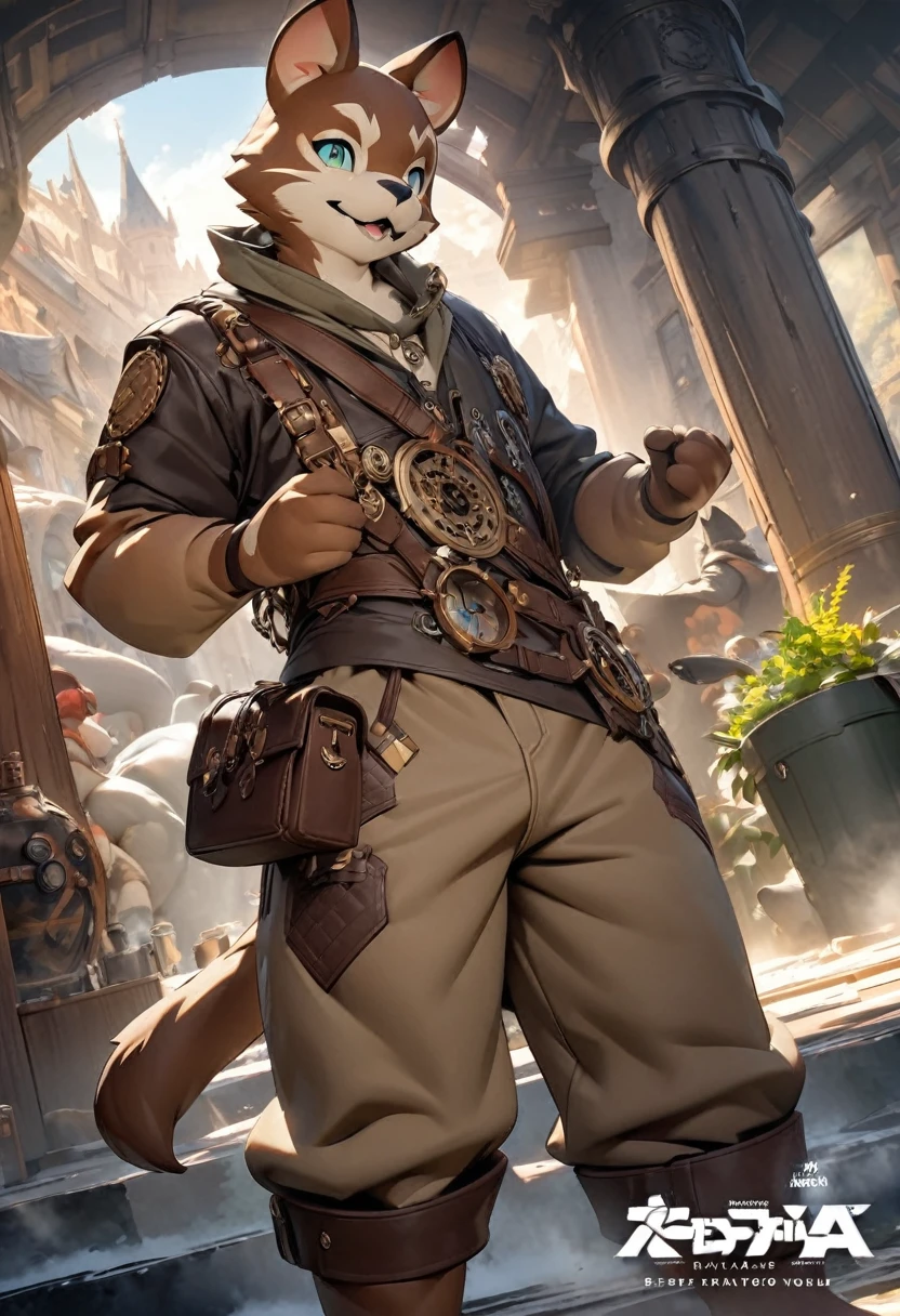 cover_page, highres, top quality, best quality, paid reward available, High-quality illustrations, unparalleled masterpiece, perfect artwork, absurdres, figma, super high resolution, detailed background, Steam punk, Beautiful World Heritage, boys, Happy, joyful(Photos of solo travelers)(kemono, furry anthro)cinematic lighting, dynamic angle,