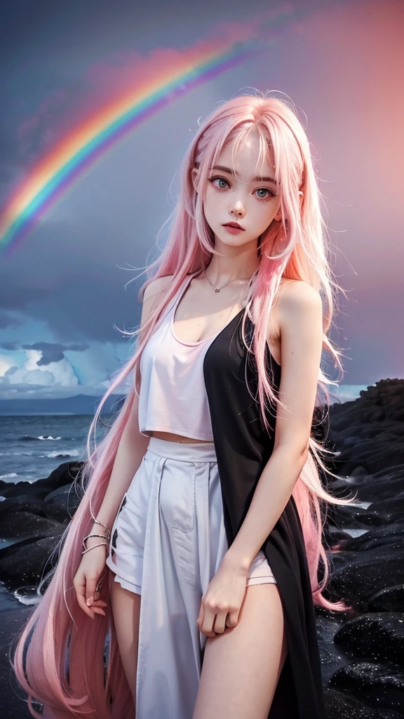 Background,Sky with a((( rainbow,)))(((wide shot,from below,))) 28-year-old woman, Platinum-coloured hair, Medium length hair,(((Hair with pink gradation at the ends,))) ((pale red eyes,)) Dark Theme, Calm tone, Calm colors, High Contrast, (Natural skin texture, Hyperrealism, Soft Light, sharp)smile,Large size white raincoat, Black tank top, long shotBackground Sky with a rainbow, 20-year-old woman, Platinum-coloured hair, (High Top Fade:1.3), Shoulder-length hair,(Hair with pink gradation at the ends,) ((pale red eyes,)) Dark Theme, Calm tone, Calm colors, High Contrast, (Natural skin texture, Hyperrealism, Soft Light, sharp)smile,Large size white raincoat, Black tank top,