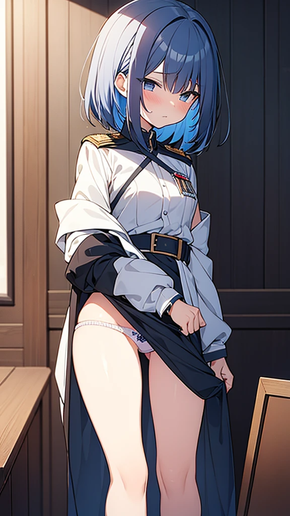 (Explicit content warning) [(masterpiece: 1.1, Highest quality: 1.1), Shy  in uniform shows off, emphasize, panties, thin, Slightly 0.8. Blue Hair, Wet,