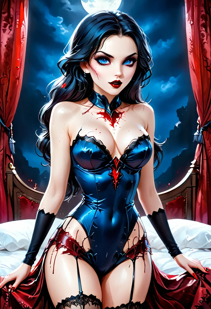 fantasy art deco (art deco: 1.5) A (black and white: 1.5) glamours (vampire: 1.5) model shot, RAW, award winning, of an exquisite beautiful 1solo female vampire, ultra feminine, full body, busty woman, most beautiful face ultra detailed face, long hair, wavy hair, pale skin, model715, glowing (red: 1.3) eyes, wearing (blue: 1.5) silk corset, stockings, wearing intricate high heels, lying in bed, light make up, modern day high society bedroom background, (black and white filter: 1.4), (anatomically correct: 1.4), 1960s photoshoot style, picture taken from dynamic range, vibrant, Ultra-high resolution, High Contrast, (masterpiece:1.5), highest quality, Best aesthetics), best details, best quality, highres, ultra wide angle, 16k, [ultra detailed], masterpiece, best quality, (extremely detailed), Intense Gaze, RedGlitter, dark novel, Blood_Covered