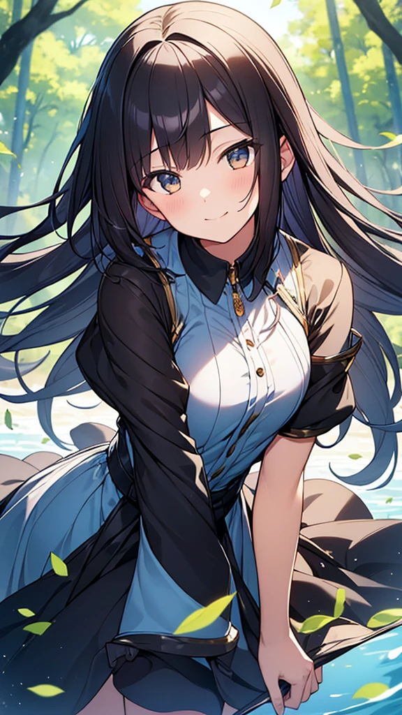 (masterpiece), (Highest quality), (Super detailed), (Disheveled Hair), (figure), (1 girl), (interview), (A quick background), Beautiful attention to detail, 繊細でBeautiful Face, floating, (High saturation), (Shine), Focus on the face, Black Hair, bangs, A big smile, floating Hair. girl, Girl in Love, Pixiv illustration, Highest quality, Very detailed, smile, Smart, Beautiful Face, 4K, nature, Sunlight filtering through the trees,