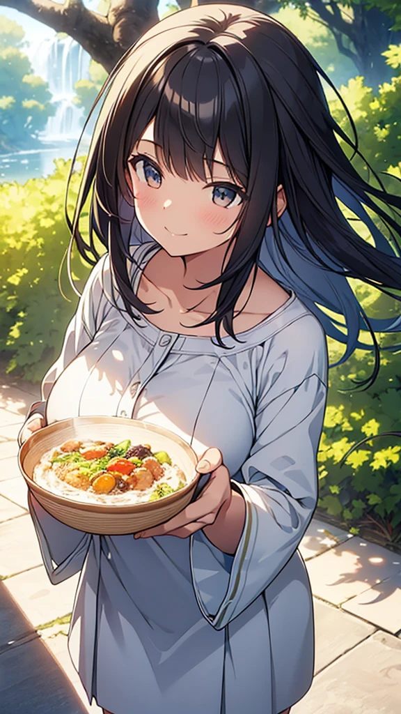 (masterpiece), (Highest quality), (Super detailed), (Disheveled Hair), (figure), (1 girl), (interview), (A quick background), Beautiful attention to detail, 繊細でBeautiful Face, floating, (High saturation), (Shine), Focus on the face, Black Hair, bangs, A big smile, floating Hair. girl, Girl in Love, Pixiv illustration, Highest quality, Very detailed, smile, Smart, Beautiful Face, 4K, nature, Sunlight filtering through the trees,
