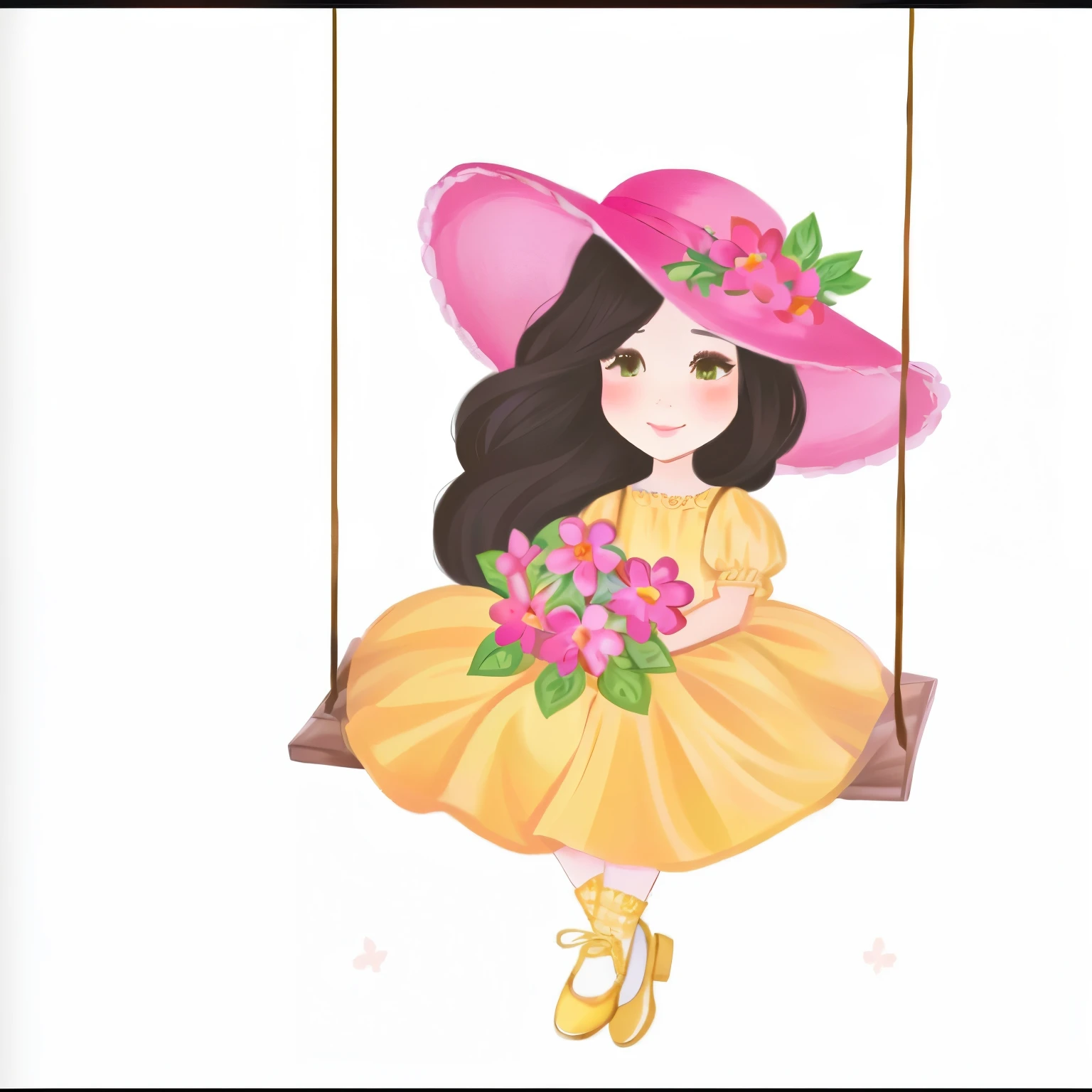 there is a girl in a yellow dress and a pink hat on a swing, illustrated in whimsical style, fluffy woman, Beautiful girl, cute digital art, art admirer, cute illustration de livro de histórias, cute art style, official art admirer, cute illustration, cartoon style illustration, by Maria Anjo, made with illustrator, elegant girl, book illustration , cute art, added detail