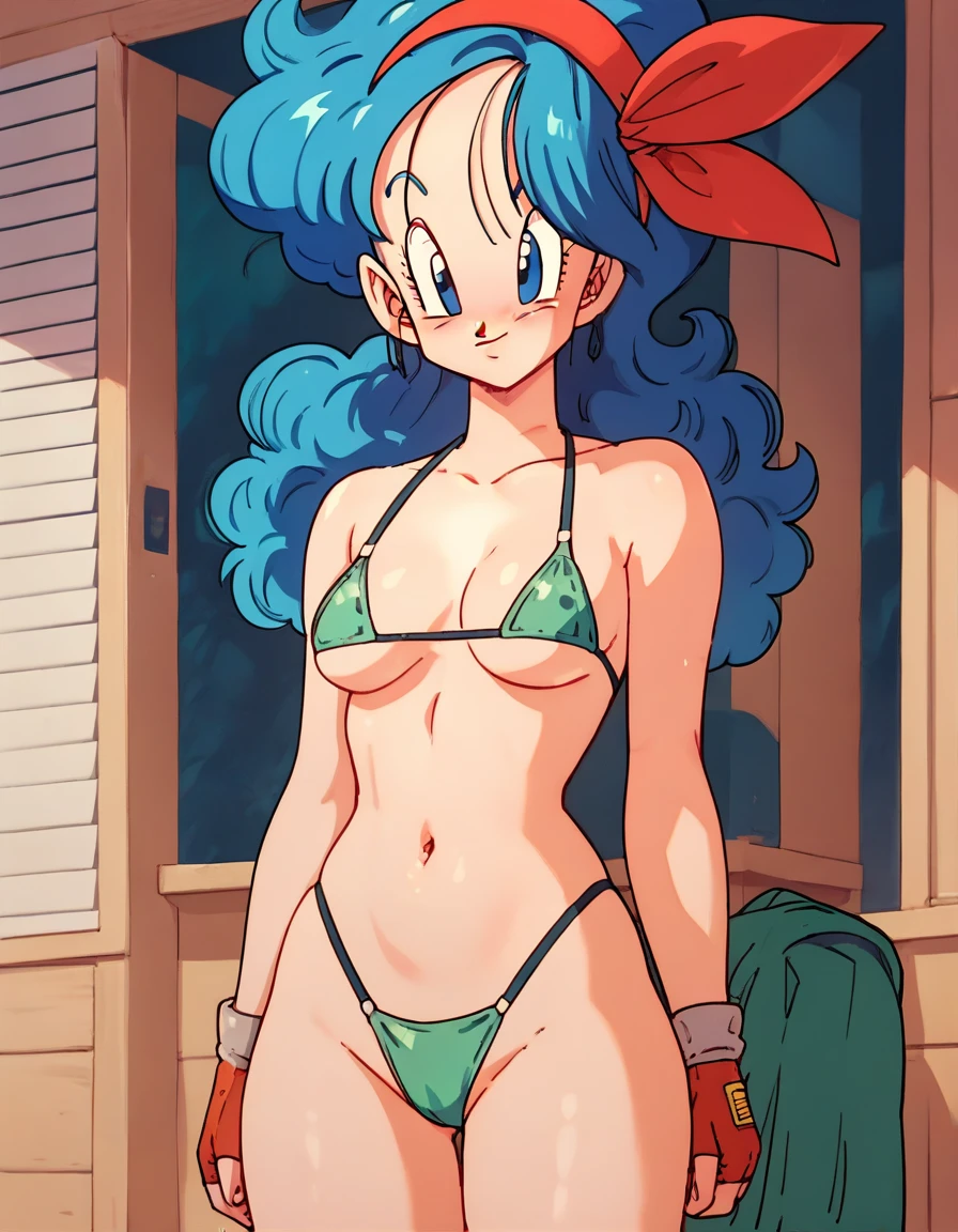 lunch (dragon ball) blue hair, very shy, little smile, sonrojada, very small transparent bikini, hands behind the waist