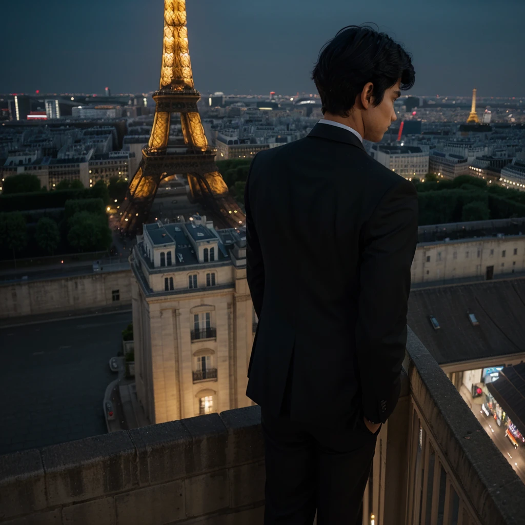 a boy with messy black hair facing his back wearing a black suit on top of the building overlooking tower Eiffel at night
