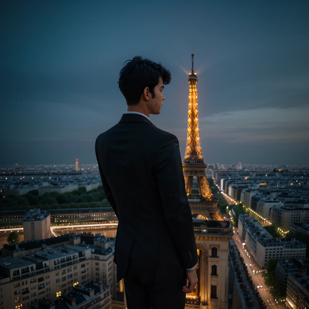 a boy with messy black hair facing his back wearing a black suit on top of the building overlooking tower Eiffel at night