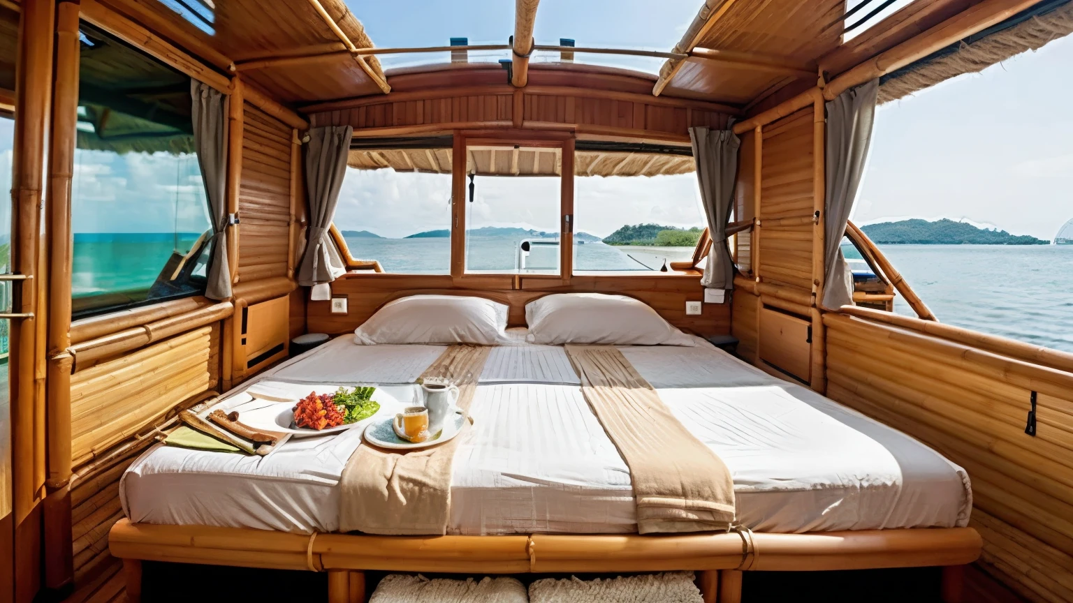 a catamaran made of bamboo, that has an apartment and that it is an economical one