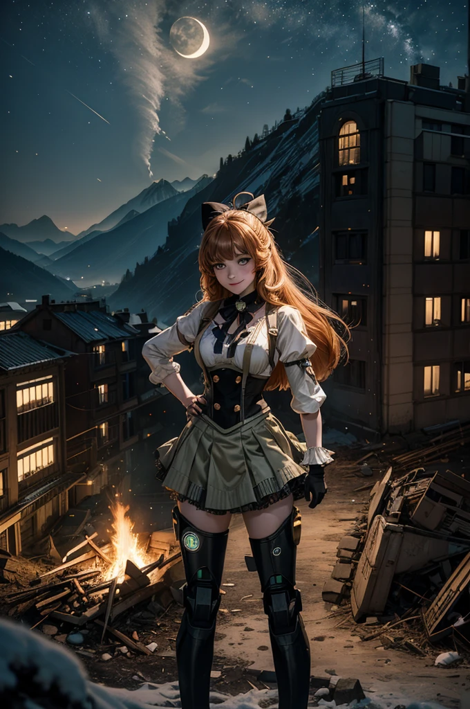 cowboy shot, (dynamic pose), smile,  underbust, Penny Polendina, long hair, neck ribbon, suspender skirt, corset, black bow, white blouse, mechanical legs, neon trim, standing, hand on hip, crowd, (crowd in army uniforms, searching with rifles),  ((in city ruins on hill, overlooking valley)), BREAK night, stars, moon, snow, BREAK mountains in background, waterfall, vehicle wreck, bonfires, post-apocalypse, dystopian future, (volumetric lighting), intricate details, tonemapping, sharp focus, hyper detailed

