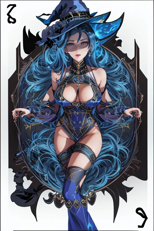 poker card of witch with big breasts sexy pose metallic blue sexy dress