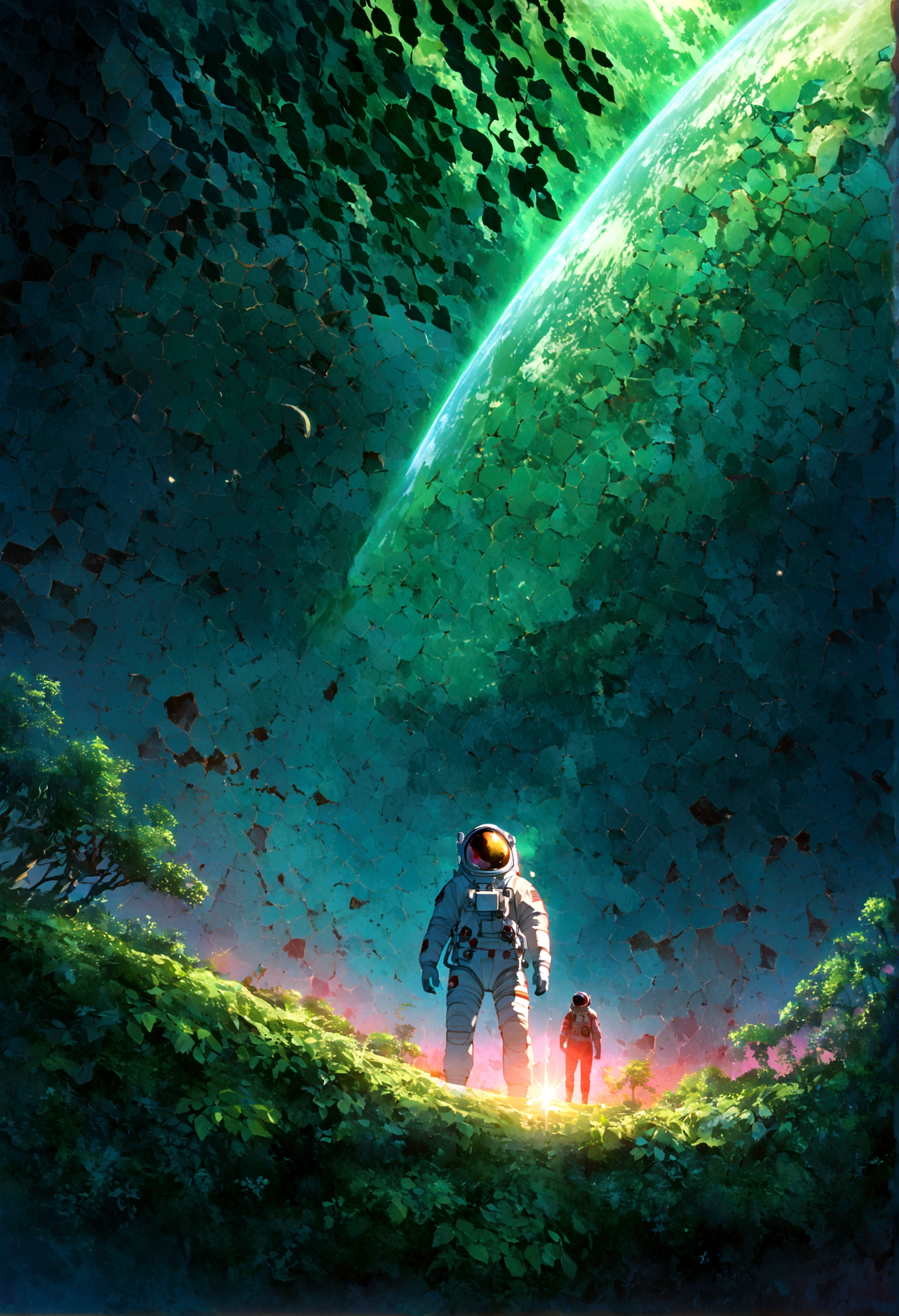 An astronaut standing on an alien planet filled with lush greenery, looking up at a destroyed Earth in the sky. The planet's vibrant landscape contrasts with the broken and fragmented view of Earth, creating a surreal and poignant scene. Intricate details, vivid colors, dramatic lighting, hd quality