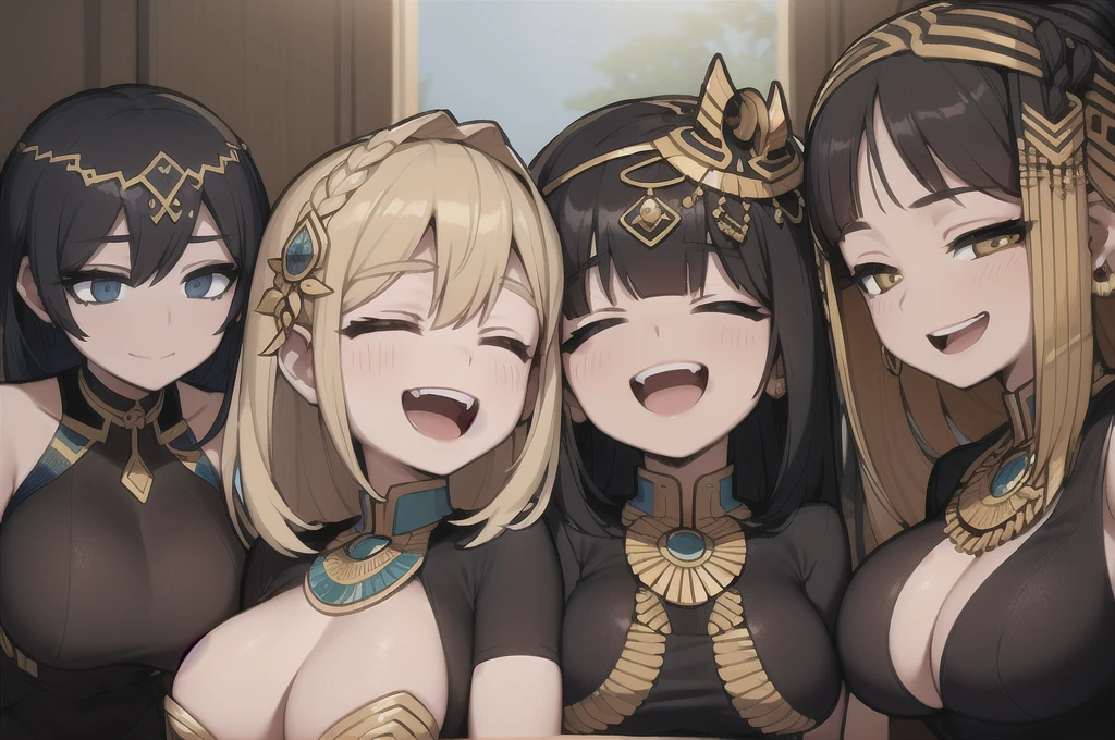 four sexy women who are wives of 4 boy, looking at camera, happy opened mouths, closed eyes,portrait, various hair, egyptian godesses outfits