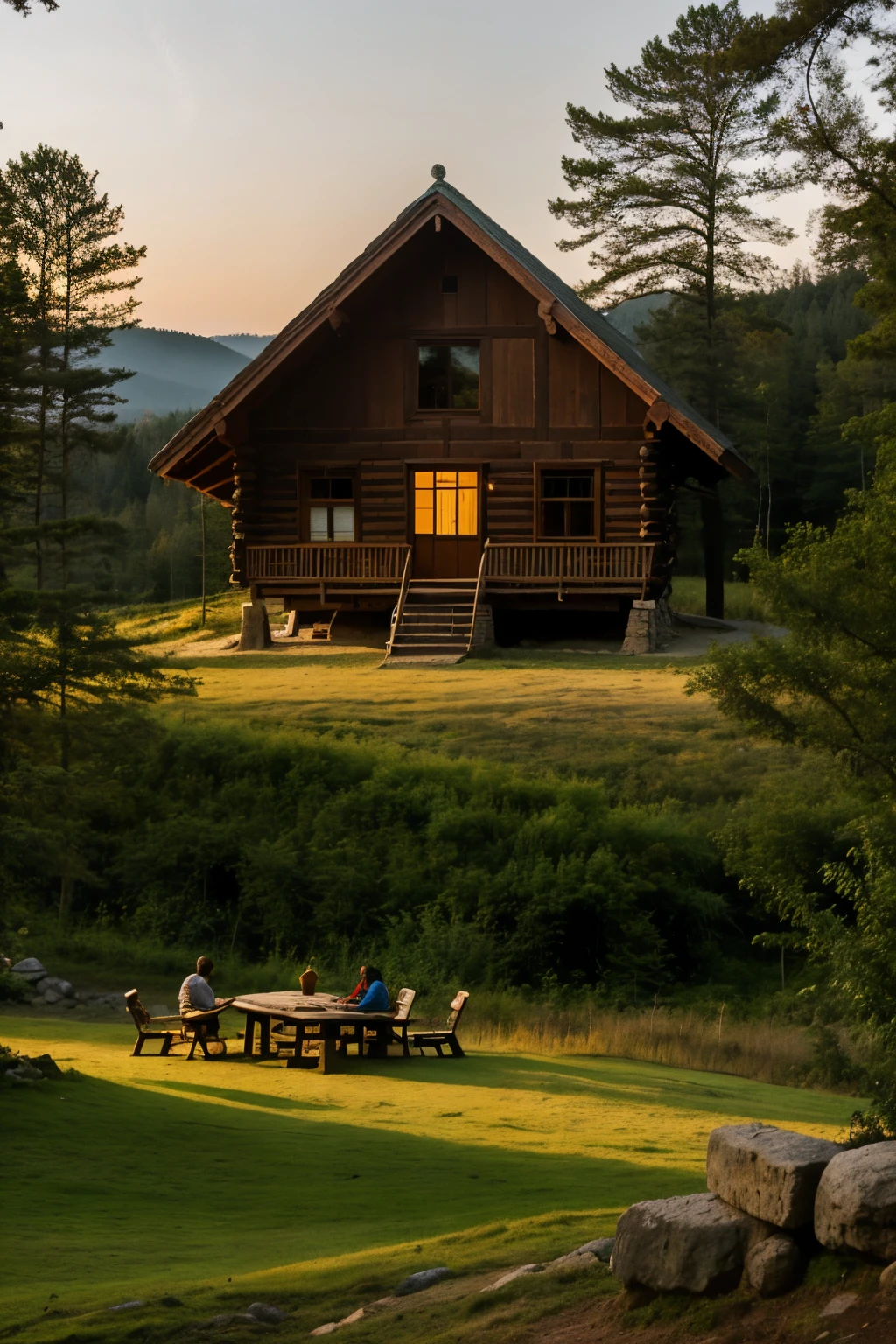 A wooden house in the middle of the forest, with a dawn, a giant made of stones sitting next to the house, a group of peasants looking at the giant