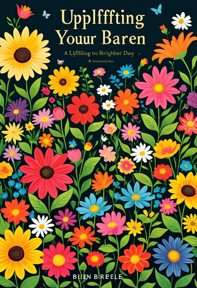 llustration of a book cover of flower garden with vivid colors and dark background with title "Uplifting Words to Brighten Your Day"