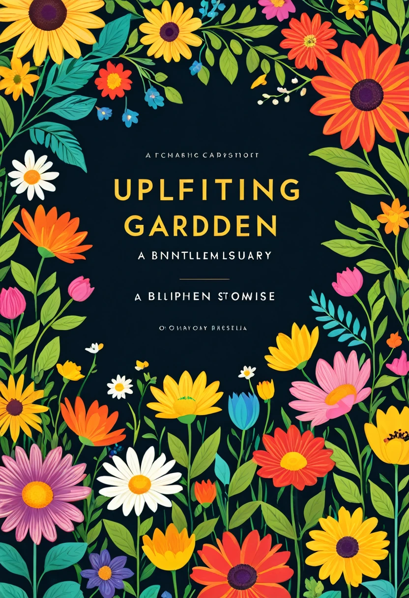 llustration of a book cover of flower garden with vivid colors and dark background with title "Uplifting Words to Brighten Your Day"