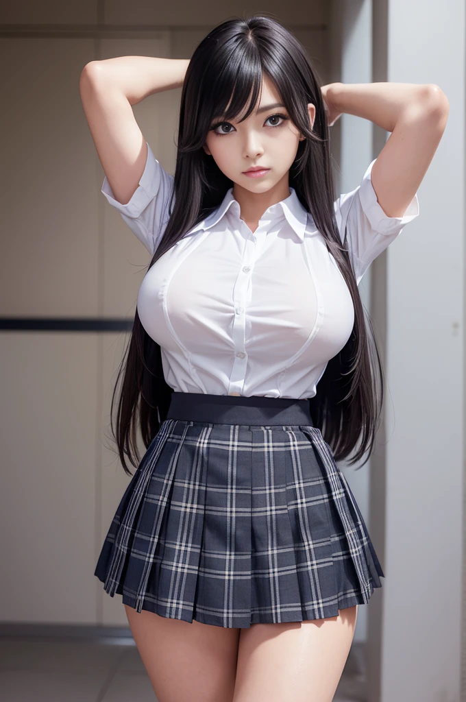 Emphasize the chest、breast enhancement、(Put your arms behind your head:1.4)、detailed slender legs、 (High school uniforms、Checked mini skirt:1.5), (High 、Clothed big tits、tuck shirt into skirt:1.4),-yeld hischool girl,Cute Japanese Girl,シャツを押し上げるHuge breasts、(Bursting Busty:1.3),  (Highly detailed beautiful face),Great face and eyes, (Best Quality:1.4), Beautiful feet(Super detailed),Thighs、Big Ass、Huge breasts,((Mastepiece, Best Quality, High resolution, Ticker, Perfect Pixel, Depth of written boundary, 4K, Ticker, Ticker)),1 Girl, One-off, Solo, Beautiful Anime Girl, Beautiful art style, Anime character, (Medium Hair、Hair between the eyes)), (Large round eyes, Beautiful eyelashes, Realistic eyes:1.2),  (Smooth texture:0.75, Realistic texture:0.65, It&#39;s photorealistic:1.2, Anime CG Style), (Movement angle, Dynamic Pose:1.4), Perfect Body,Very large ,Breast bag、Wrinkles on shirt、