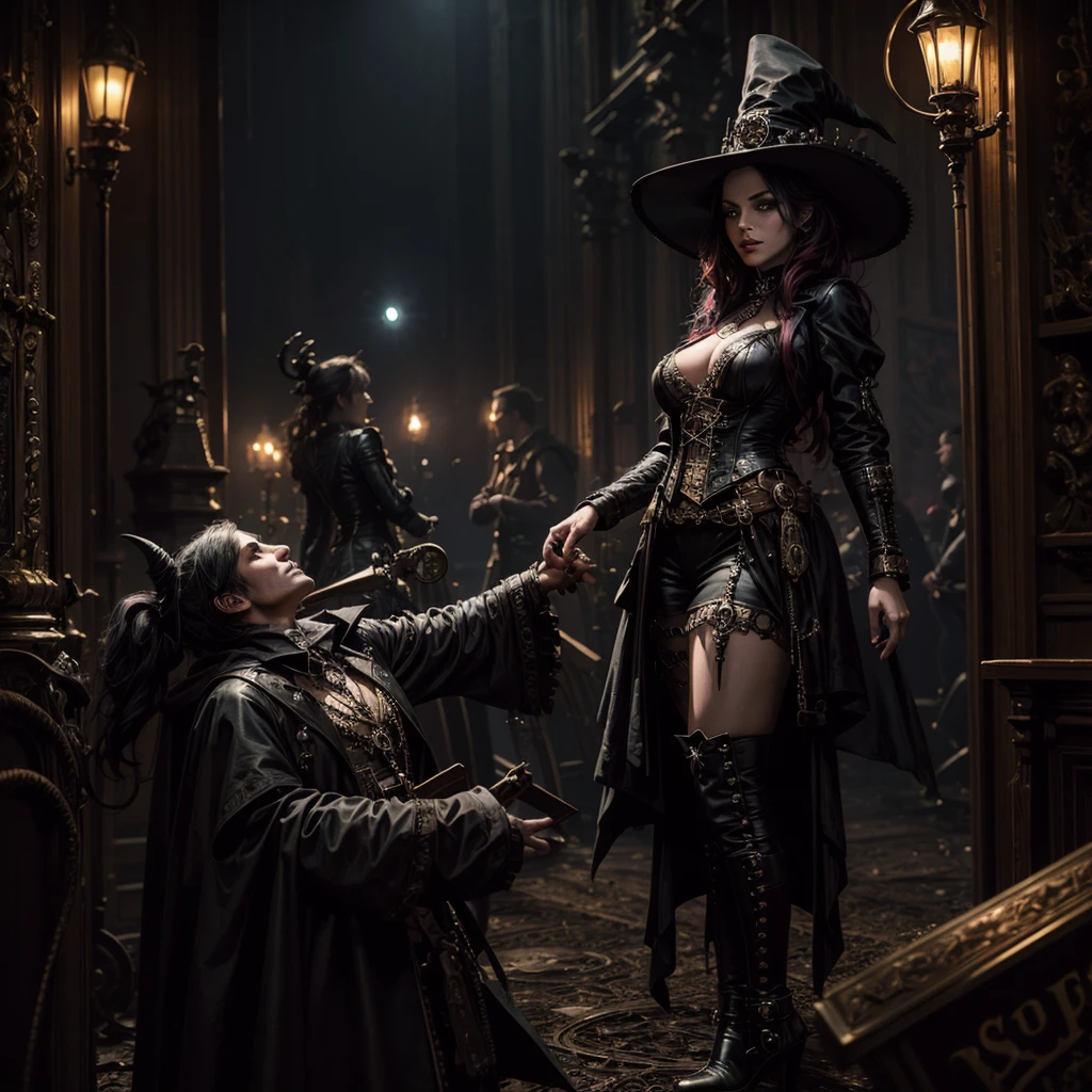 A dark witch and a demon both dressed in steampunk, in the background a gothic circus with an audience of devils