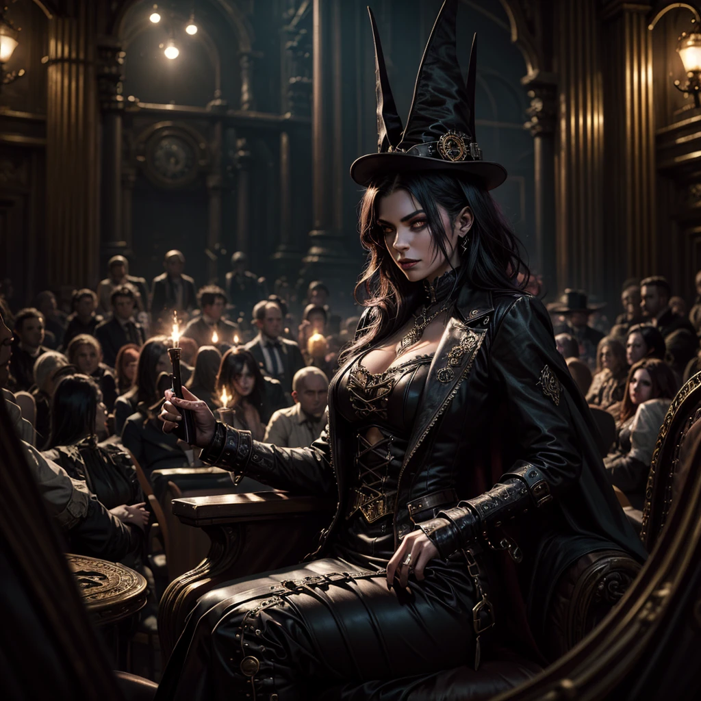 a dark witch in steampunk outfit, demon in steampunk outfit, gothic circus, devils in audience, cinematic lighting, moody, dark colors, dramatic, highly detailed, 8k, photorealistic, masterpiece